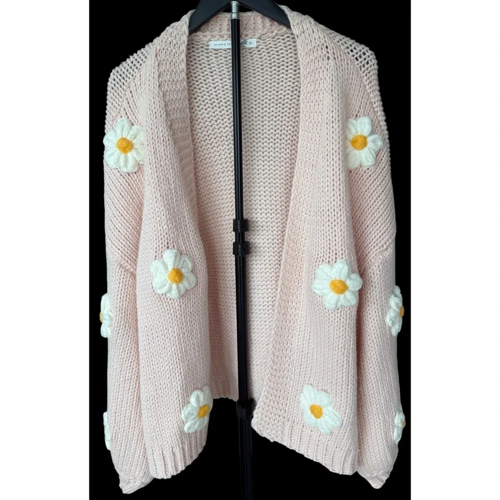 Altar'd State Daisy Flower Chunky Knit Open Front Cardigan Pink XL Coquette - Picture 3 of 10